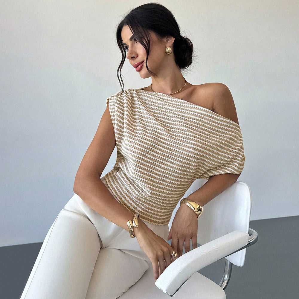 Summer Personalized One Side off Shoulder Striped Short Sleeved Top All Matching Waist Trimming Knitted Small Shirt