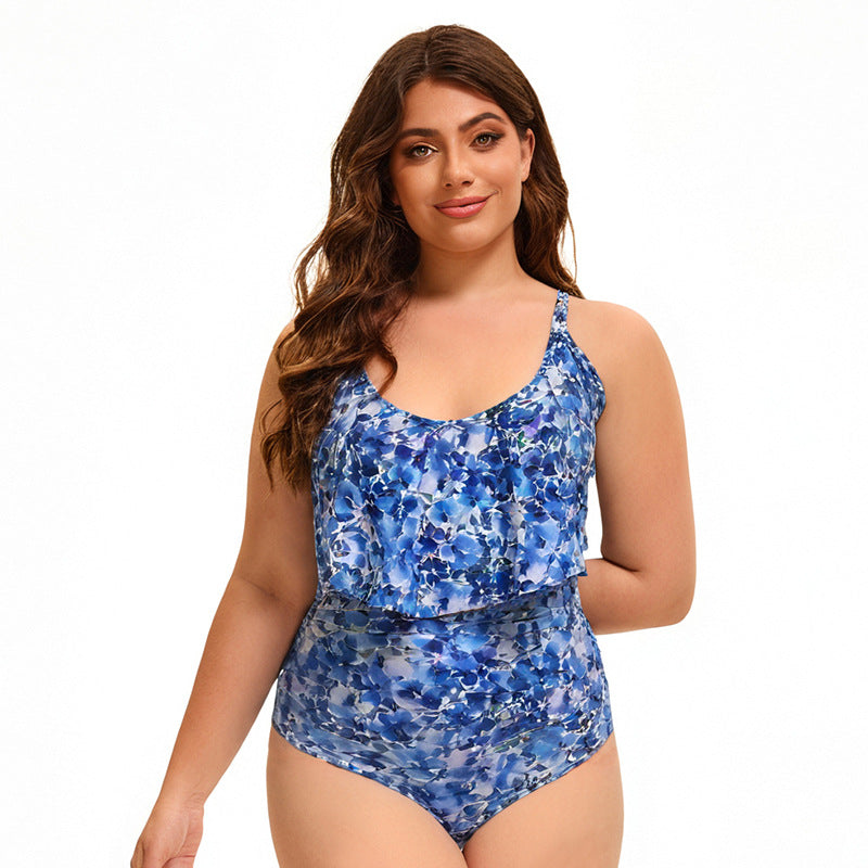 Printed Flounce Triangle Siamese Conservative Swimsuit Women Slim Looking Belly Covering plus Sized plus Sized Swimwear