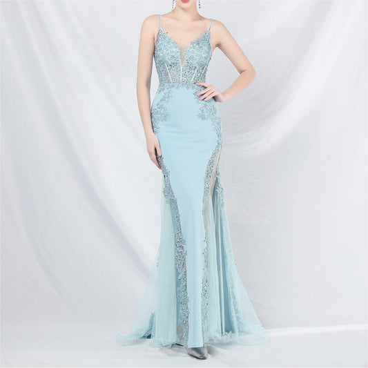 Lace Rhinestone Boning Corset Vest Tight Waist Low Cut Off The Shoulder High End Small Trailing Evening Dress