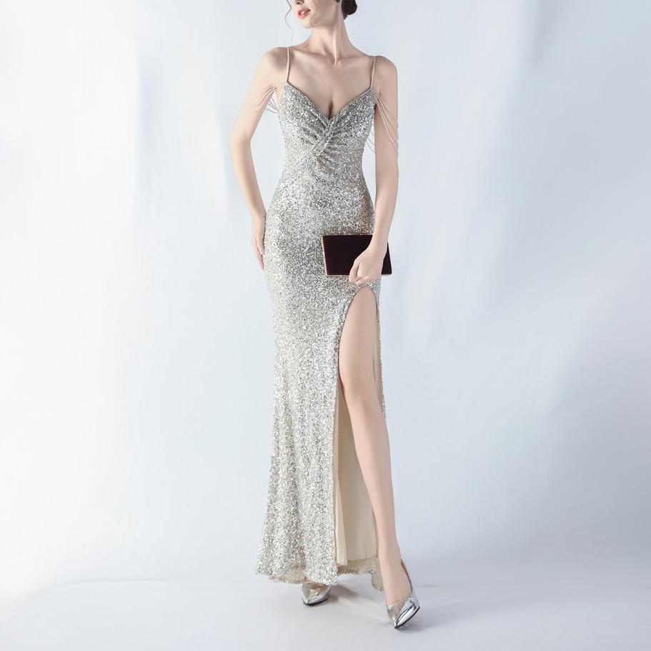 Dress Encryption Sequin Craft Beaded Sexy Sling High Fork Evening Dress