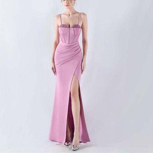 Dress Boning Corset Waist Tight Water Ordering Bright Crystal Satin Host Annual Party Evening Dress