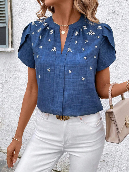 Spring Summer Half Open Collar Short Sleeve Shoulder Wrinkle Pullover Solid Color Printing Shirt T Top for Women
