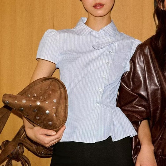 Women Doll Collar Striped Short Sleeved Shirt Oblique Placket Waist Slimming College