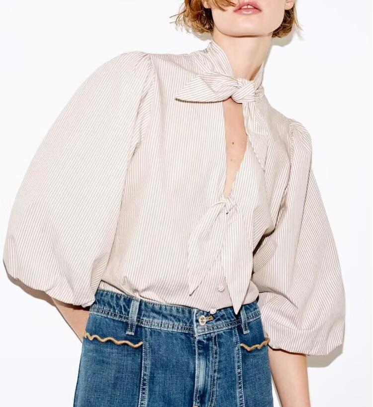 Women Clothing Top Product Casual Bowknot Decoration Striped Shirt Top