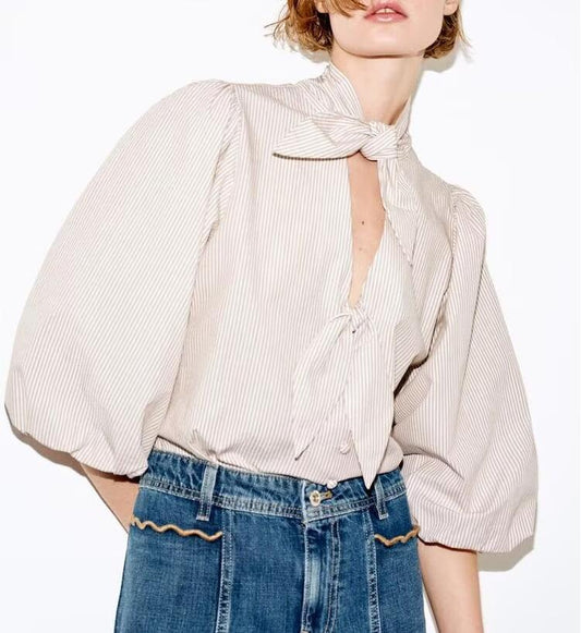 Women Clothing Top Product Casual Bowknot Decoration Striped Shirt Top