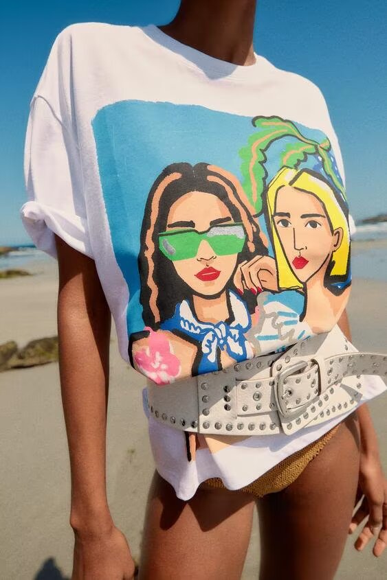 Women Clothing Summer Simple Loose Cartoon Girl Printed T shirt