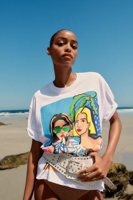 Women Clothing Summer Simple Loose Cartoon Girl Printed T shirt