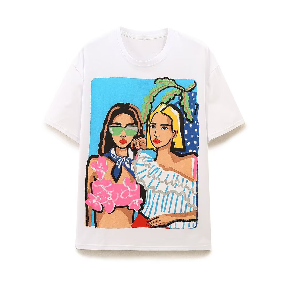 Women Clothing Summer Simple Loose Cartoon Girl Printed T shirt