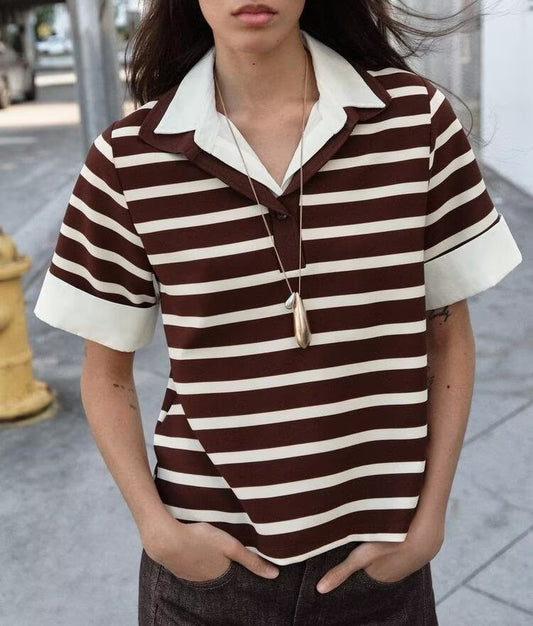 Best Women Clothes Contrast Color Lapels Striped Polo Retro College Short Sleeve