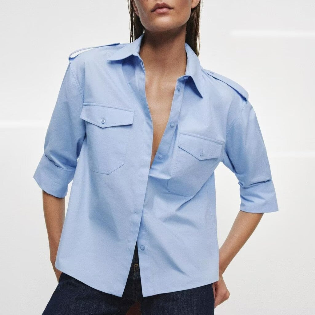 Women Clothing Top Product Casual Pocket Poplin Shirt