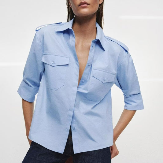 Women Clothing Top Product Casual Pocket Poplin Shirt