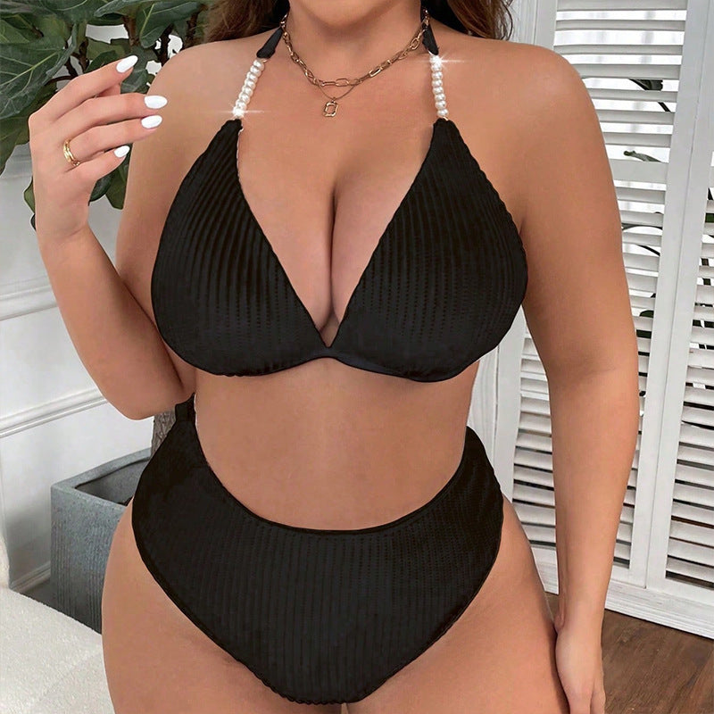 Plus Size Swimsuit Women Solid Color High Waist Sexy Bikini Split Swimsuit