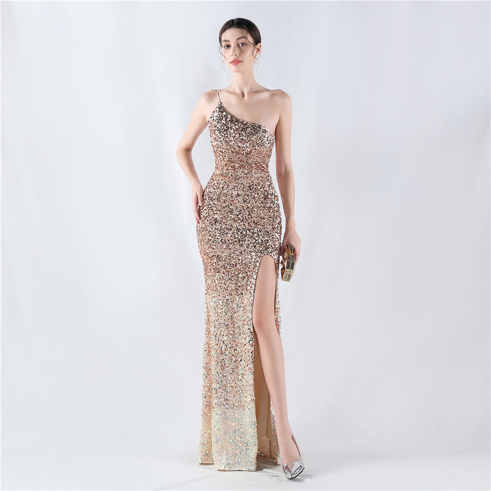 Dress Velvet Bottom Gradient Sequin High Fork Oblique Shoulder Sexy Dress Evening Dress