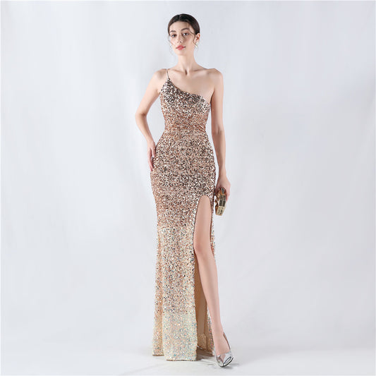 Dress Velvet Bottom Gradient Sequin High Fork Oblique Shoulder Sexy Dress Evening Dress