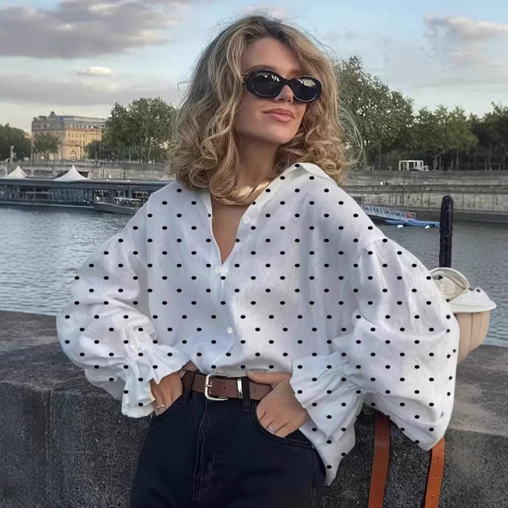 Spring Autumn Women Drop Shoulder Long Sleeve Front Breasted Early Autumn Loose Casual Polka Dot Shirt