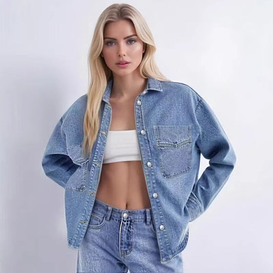 Washed Retro Loose Casual Early Autumn Split Denim Shirt for Women