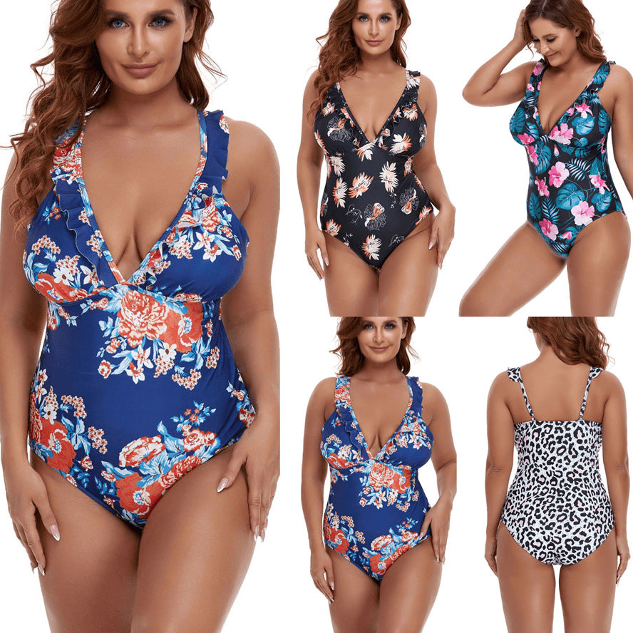 Plus Size Bikini Print Sling Flying Edge Siamese Swimsuit Female Bikini
