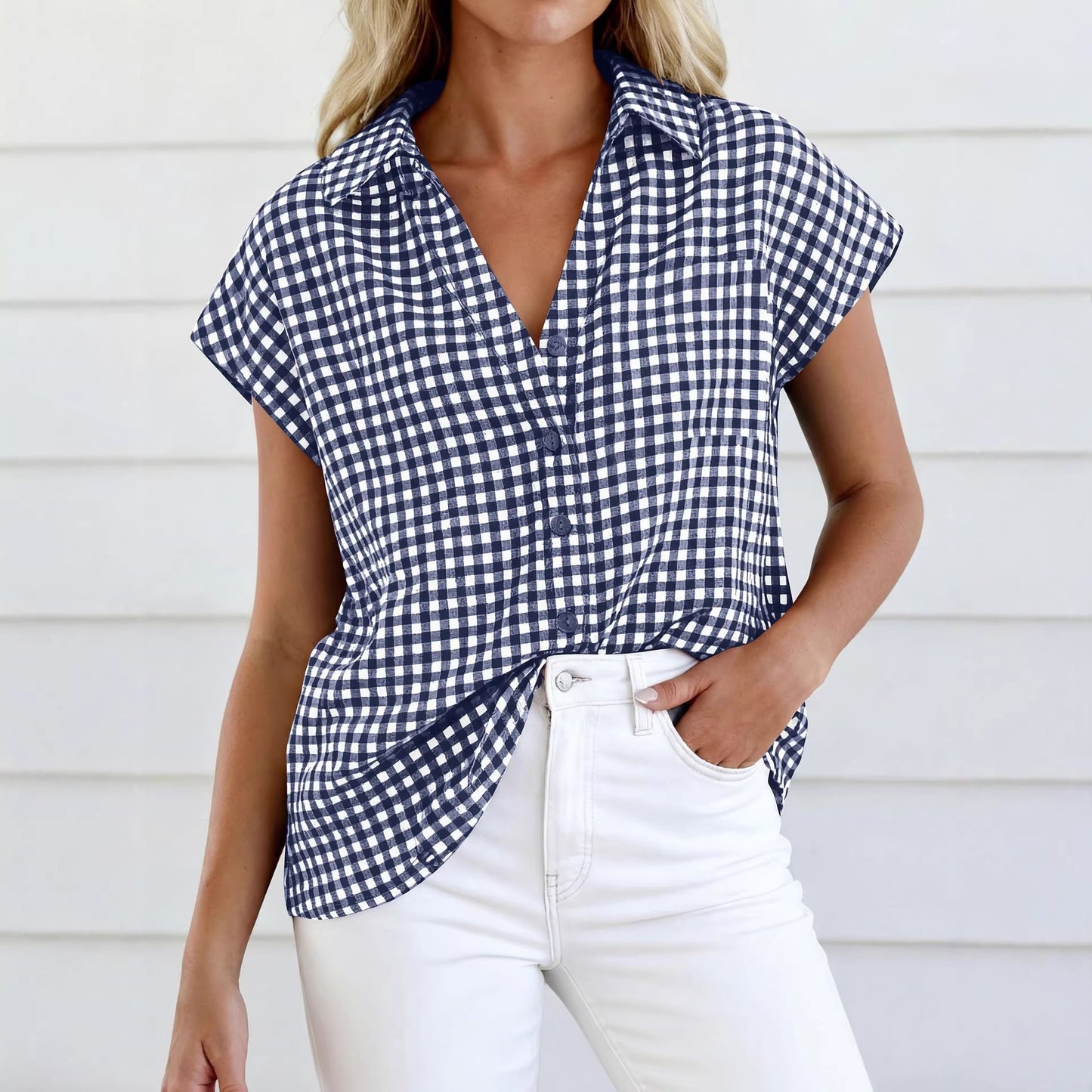 Women Summer Clothing Casual Button Short Sleeve Casual Loose Plaid Shirt