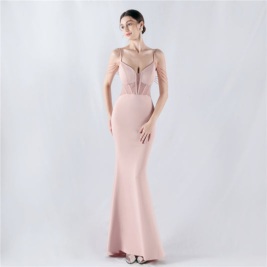 Evening Dress Waist Tight Boning Corset Beaded Rhinestone Cocktail Performance Host Evening Dress