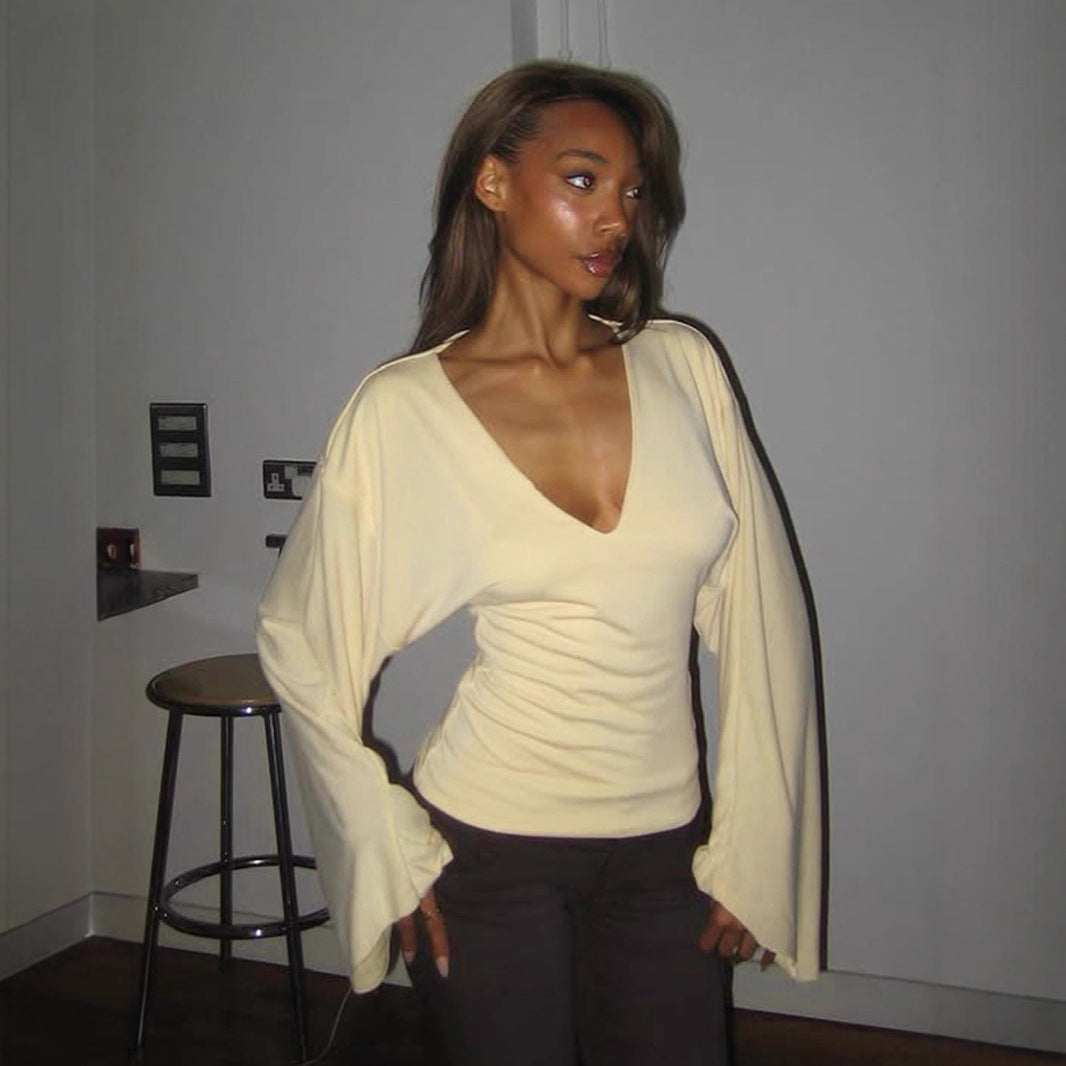 Fall Solid Color Simple V neck Batwing Long Sleeve Slim Fitting Loose Pullover Casual T shirt for Women