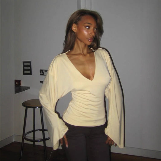 Fall Solid Color Simple V neck Batwing Long Sleeve Slim Fitting Loose Pullover Casual T shirt for Women