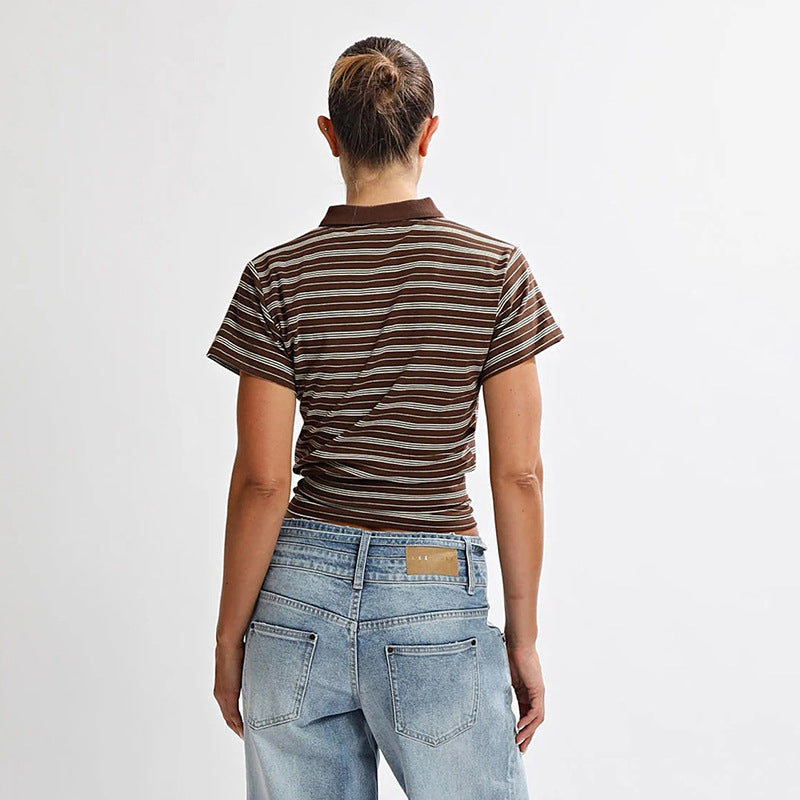 Spring Summer Casual Striped Polo Collar Short Waist Tight T shirt Top for Women