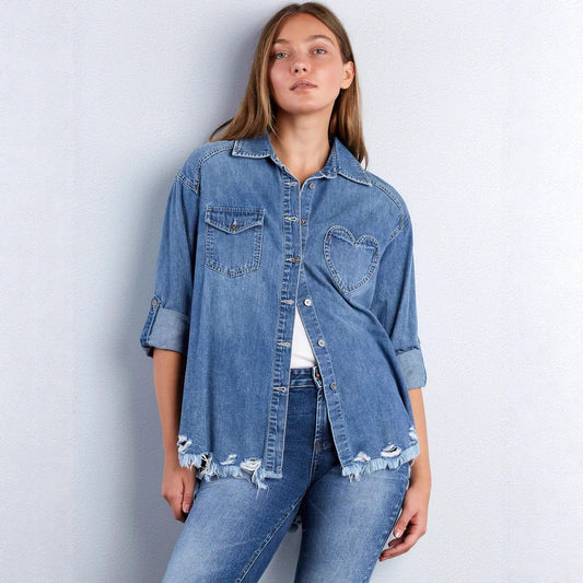Ripped Irregular Asymmetric Tassel Denim Shirt Women Women Denim Shirt
