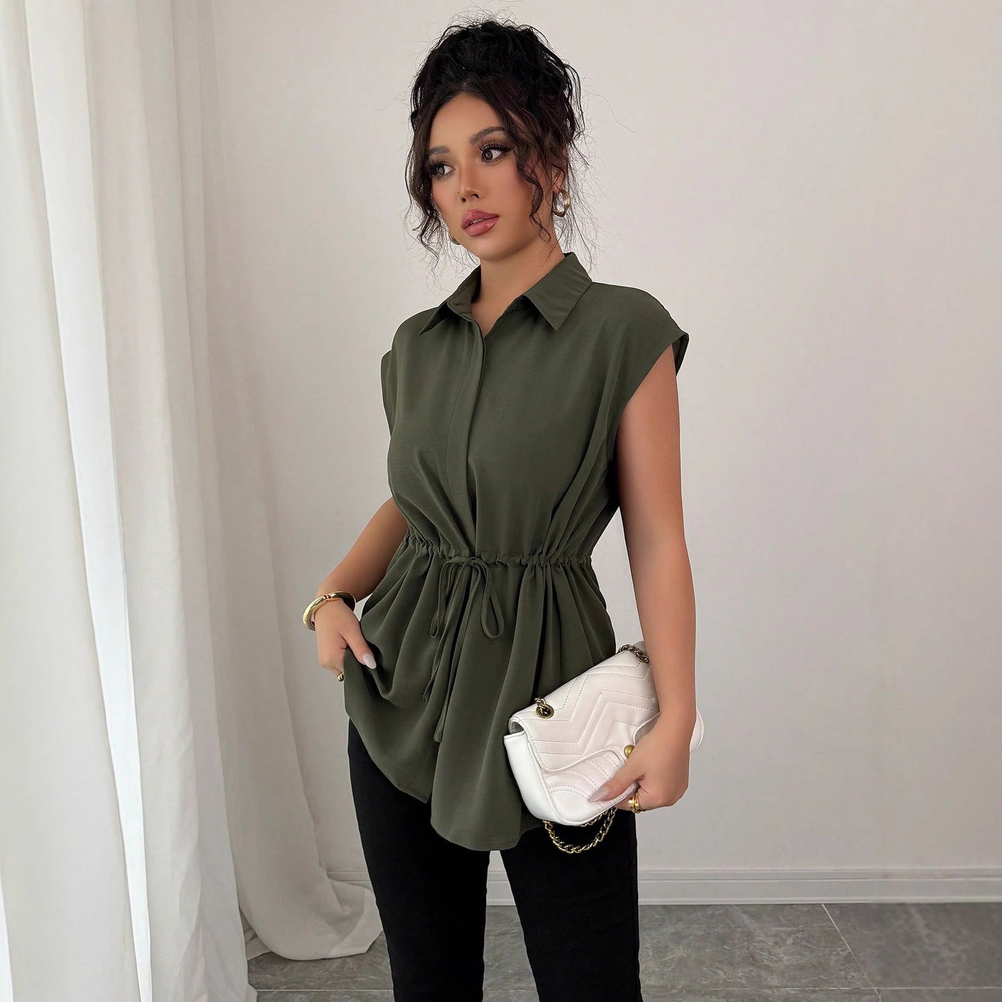 Loose Waist Single Breasted Solid Color Polo Collar Women Short Sleeved Coat