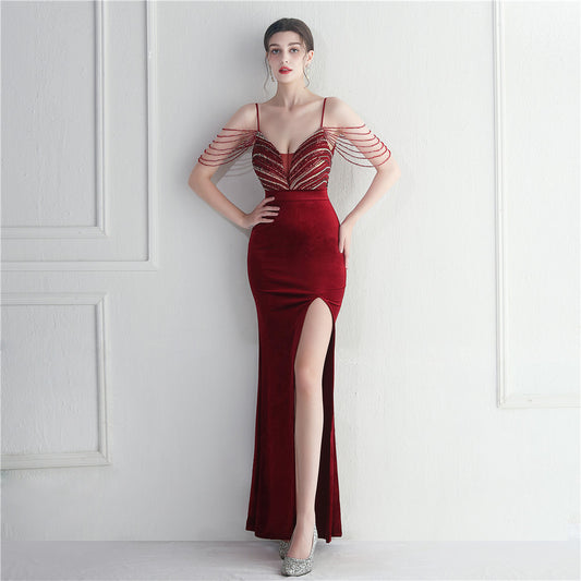 Korean Velvet Sequined Annual Party Social Long Evening Dress