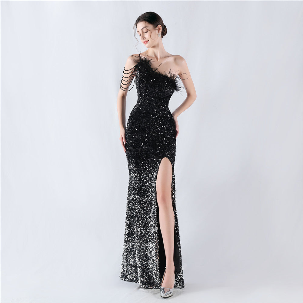 Lengthened Ostrich Feather Beaded Sequ One Shoulder Diagonal Collar High Fork Evening Dress