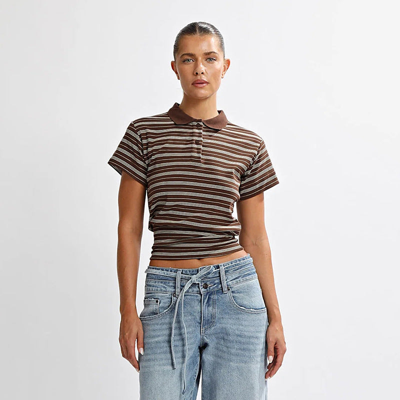 Spring Summer Casual Striped Polo Collar Short Waist Tight T shirt Top for Women