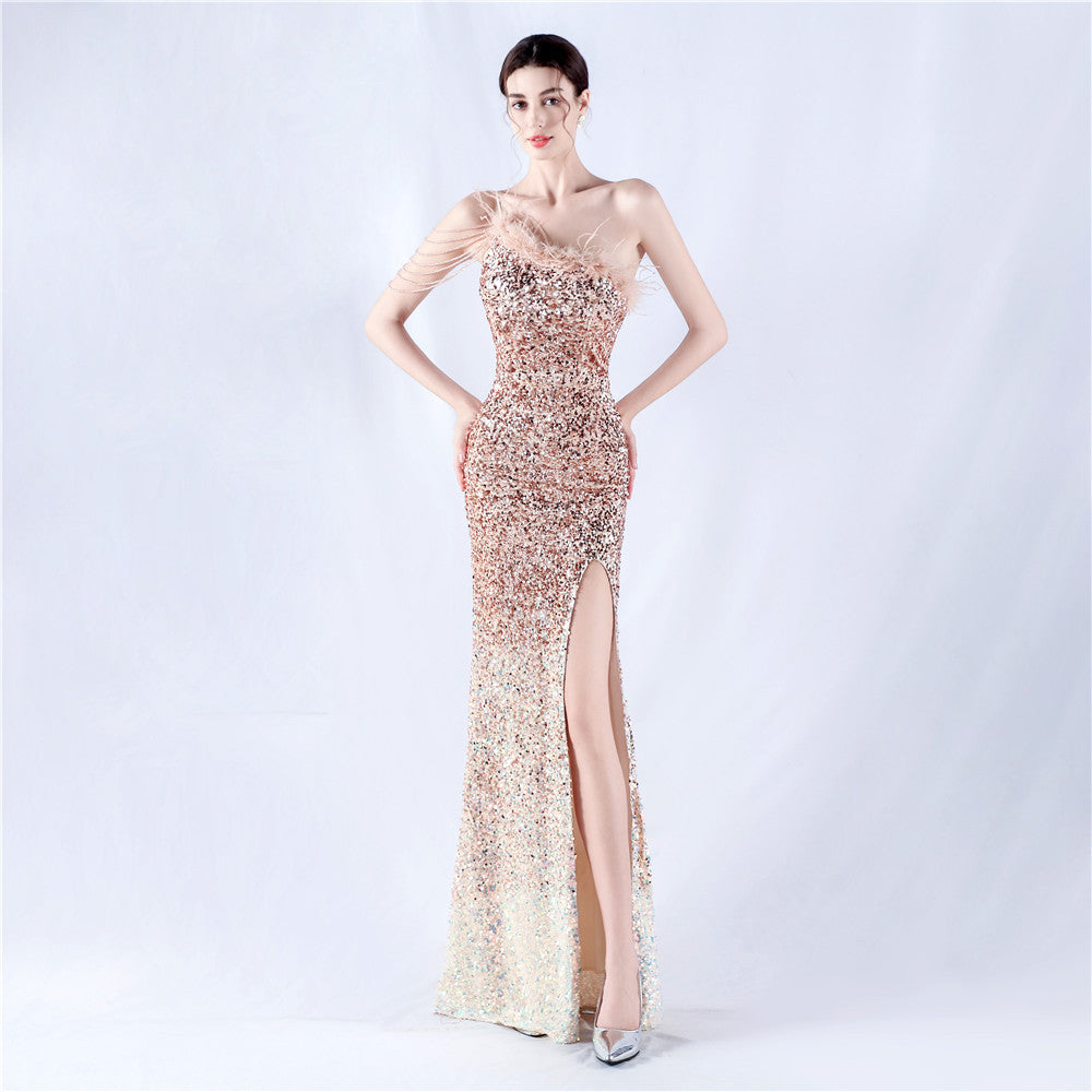 Lengthened Ostrich Feather Beaded Sequ One Shoulder Diagonal Collar High Fork Evening Dress