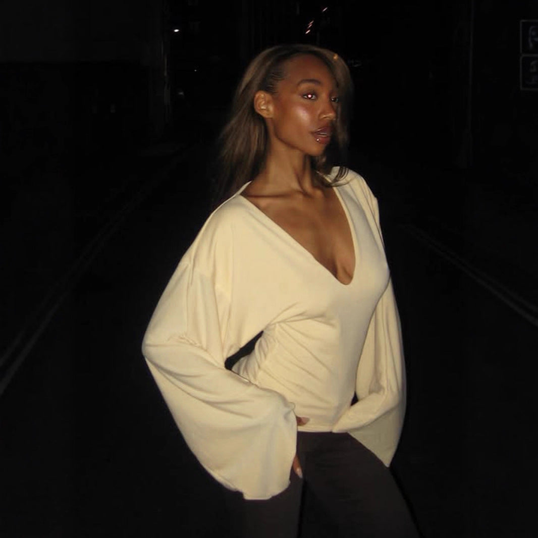 Fall Solid Color Simple V neck Batwing Long Sleeve Slim Fitting Loose Pullover Casual T shirt for Women