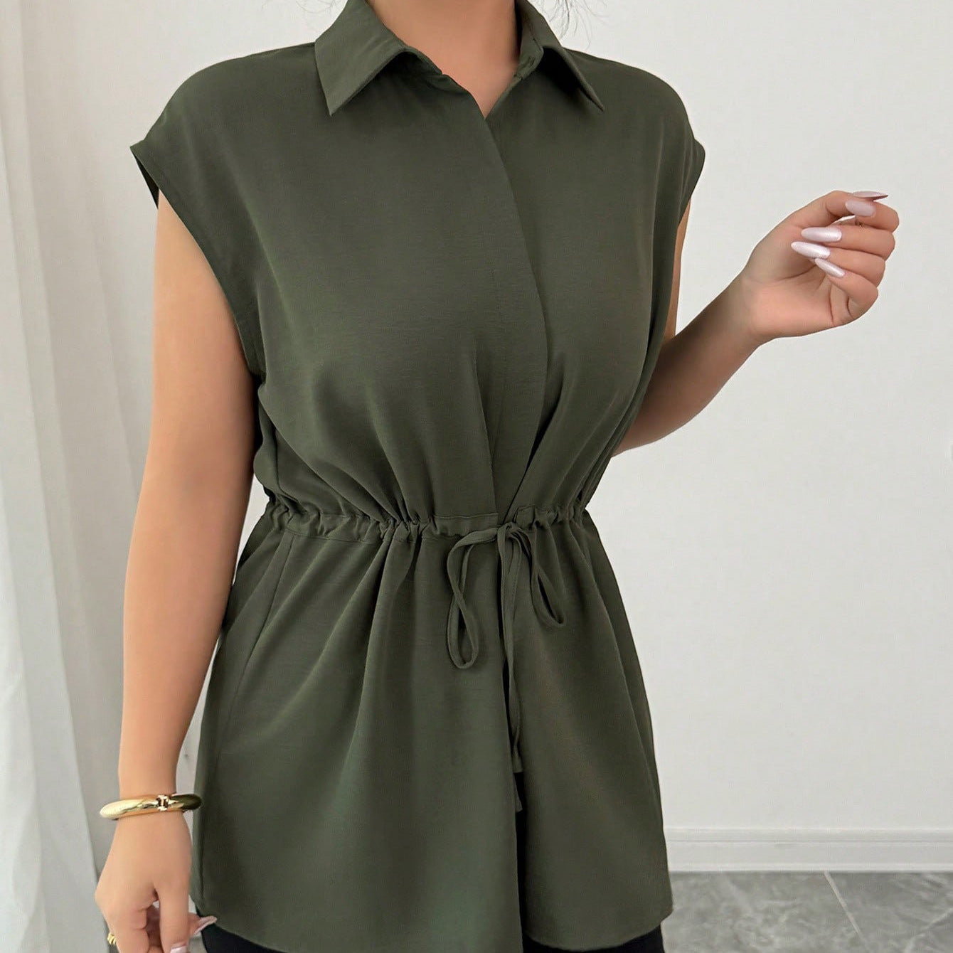 Loose Waist Single Breasted Solid Color Polo Collar Women Short Sleeved Coat