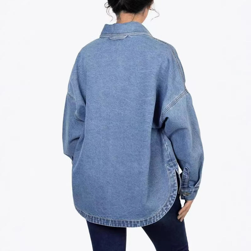 Washed Retro Loose Casual Early Autumn Split Denim Shirt for Women