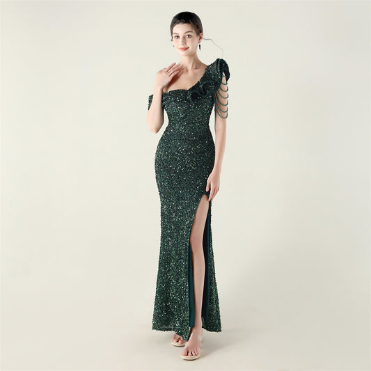 One Shoulder Pleated Ruffled Embellished Beaded Chain Sequined Evening Dress Cocktail Wedding Red Carpet