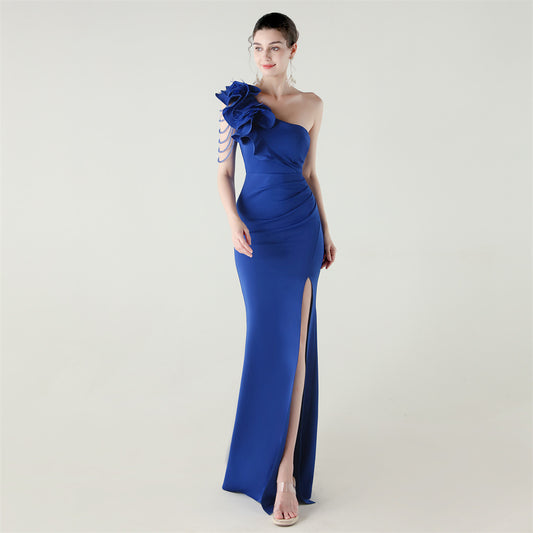 Single Shoulder Craft Beaded Nail Hair Wave Floral Satin High Slit Sexy Evening Dress Evening Cocktail Wedding