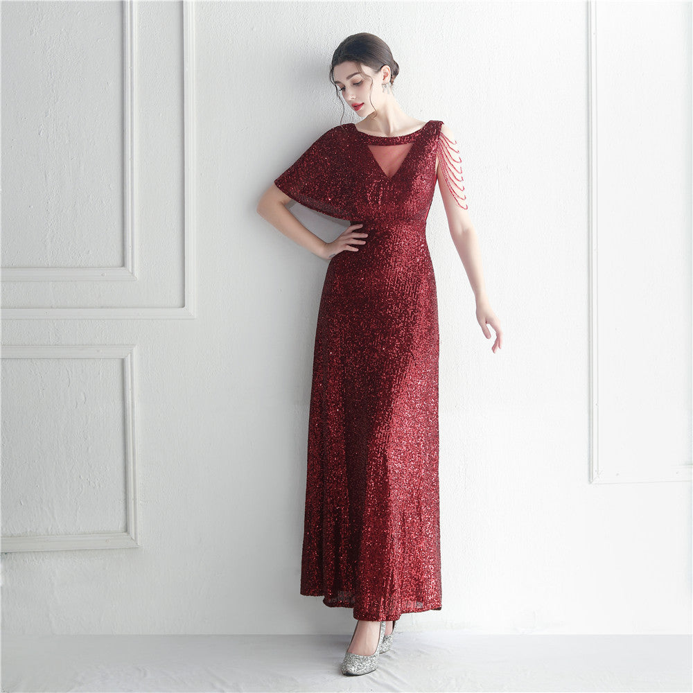 Craft Beaded Ruffle Sleeve Mesh See through Bridesmaid Etiquette Celebration Dinner Long Evening Dress
