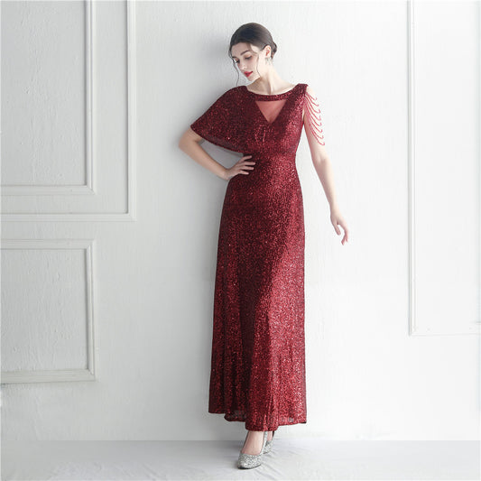 Craft Beaded Ruffle Sleeve Mesh See through Bridesmaid Etiquette Celebration Dinner Long Evening Dress