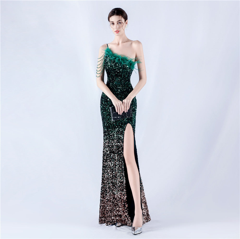 Lengthened Ostrich Feather Beaded Sequ One Shoulder Diagonal Collar High Fork Evening Dress