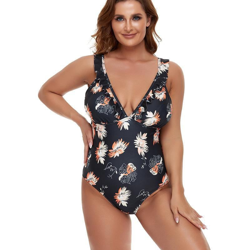 Plus Size Bikini Print Sling Flying Edge Siamese Swimsuit Female Bikini