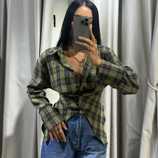 Retro Plaid Shirt Women Collared Long Sleeve Irregular Asymmetric Hem Cinched Blouse