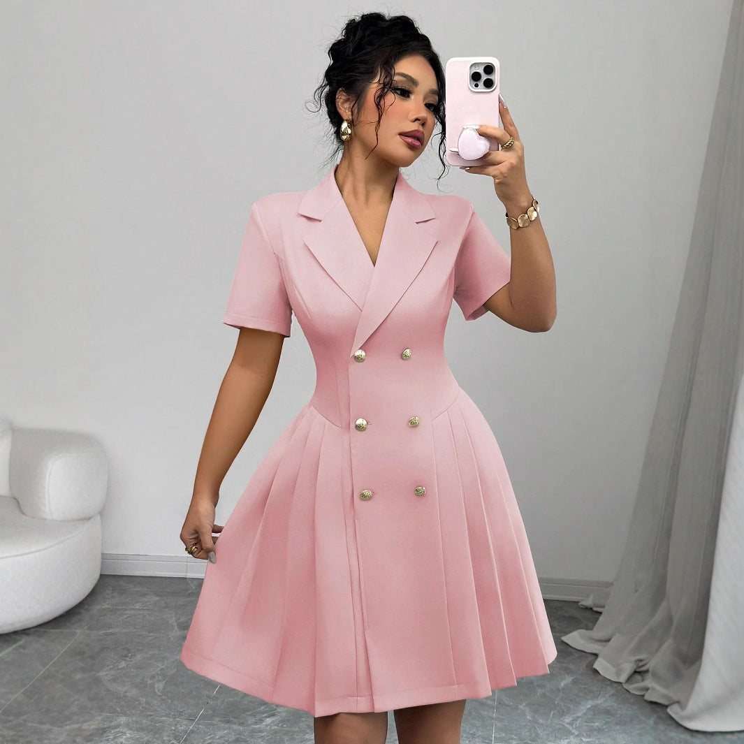 Women Waist Controlled Double Breasted Short Sleeve V neck Solid Color Dress