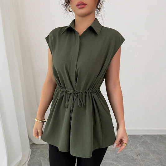 Loose Waist Single Breasted Solid Color Polo Collar Women Short Sleeved Coat