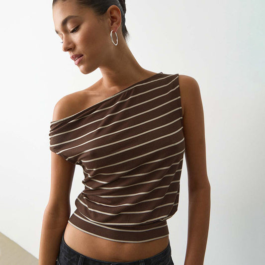 Spring Women Clothes All Matching Striped Loose Cold Shoulder Sleeveless Short Top T shirt