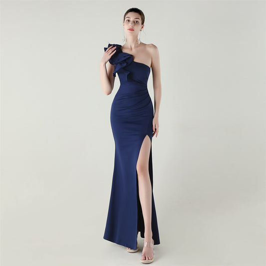 One Shoulder Craft Wave the Craft of Design Gross Satin High Slit Sexy Evening Dress Dinner Party Wedding Social Networking