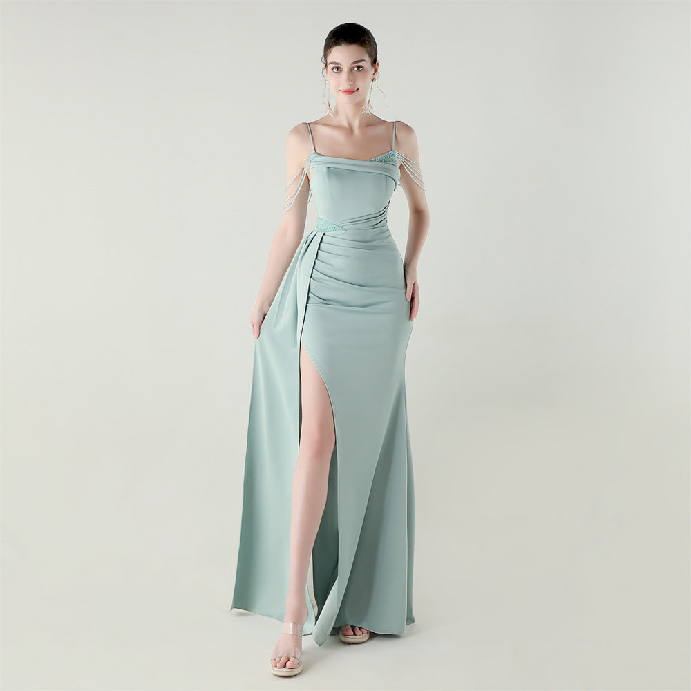 Satin Beaded Chain Slim Fishtail High Slit Evening Dress Dinner Ceremony Activity Dress
