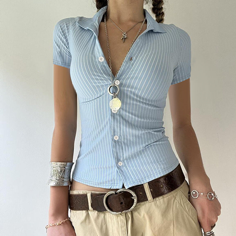 Office Striped Shirt Collared Short Sleeve Top Basic Urban Women Slim Breasted Cardigan