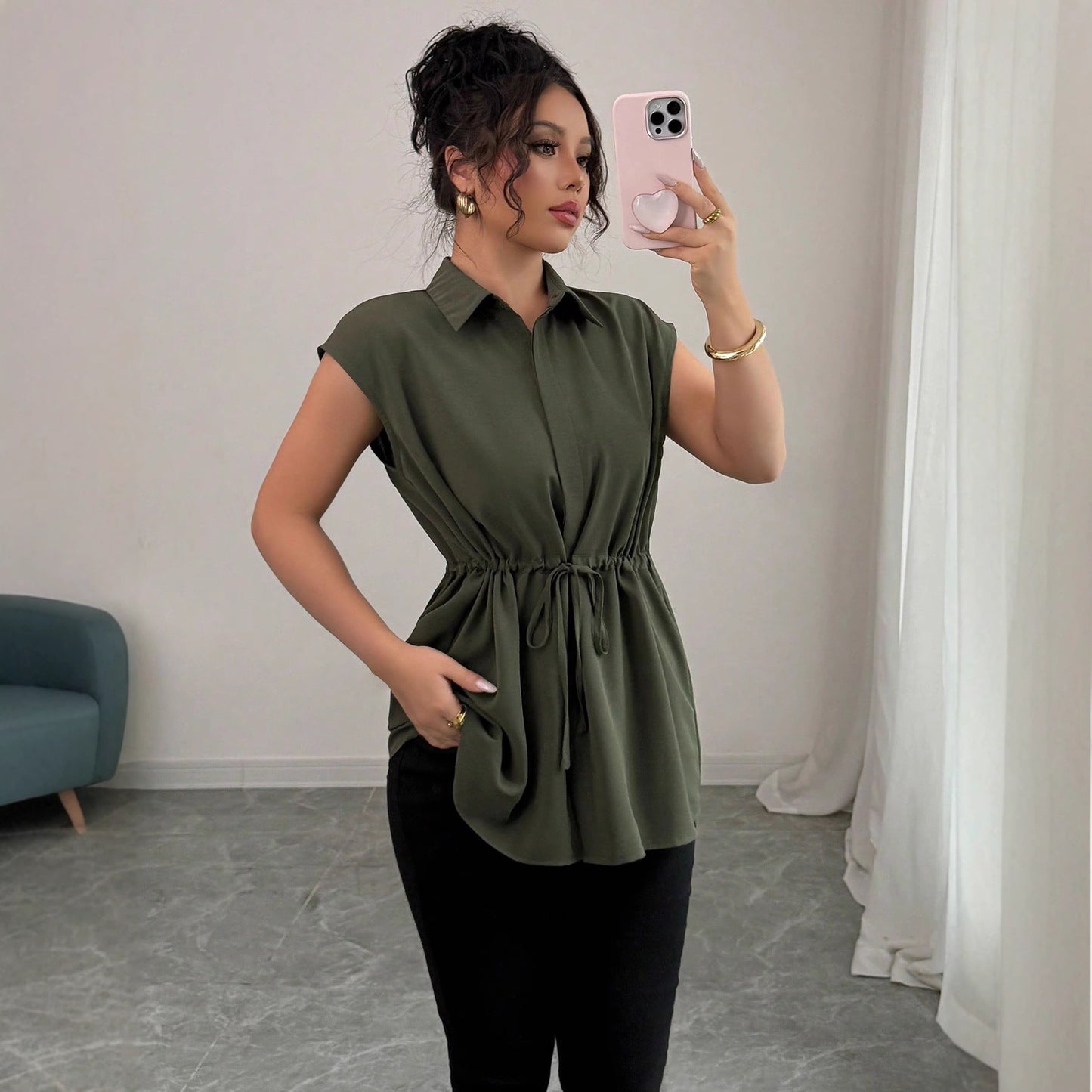 Loose Waist Single Breasted Solid Color Polo Collar Women Short Sleeved Coat