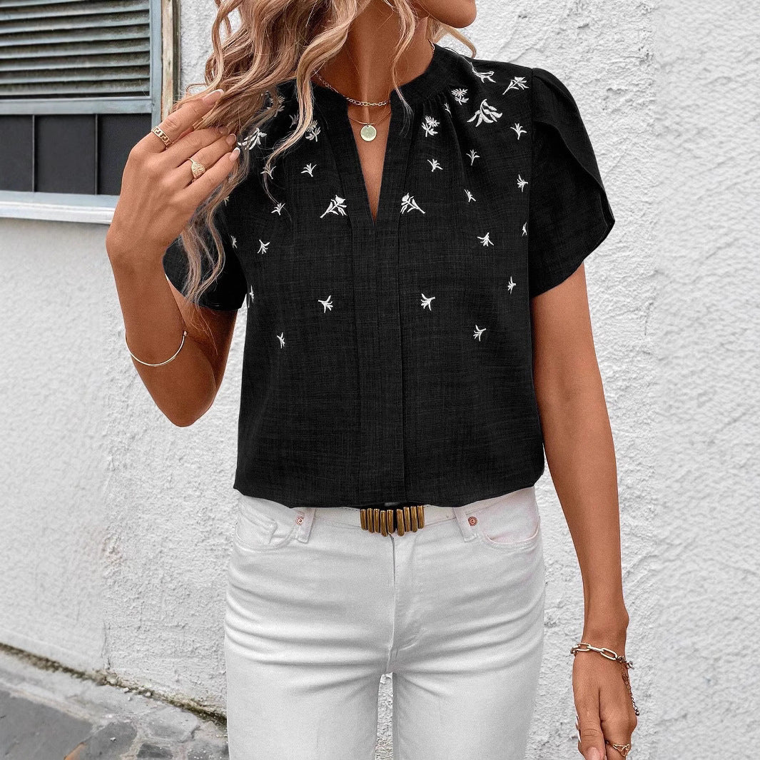 Spring Summer Half Open Collar Short Sleeve Shoulder Wrinkle Pullover Solid Color Printing Shirt T Top for Women